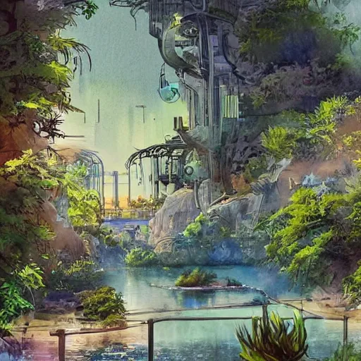 Image similar to Beautiful happy picturesque charming sci-fi town in harmony with nature. Beautiful light. Water and plants. Nice colour scheme, soft warm colour. Beautiful detailed watercolor by Lurid. (2022)