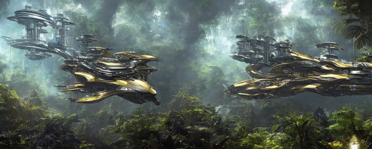 Image similar to a large futuristic scientific flying steampunk battleship elegant, smooth, ornate with gold trimmings, by Craig Mullins and Scott Robertson large steampunk space port inside a lush rainforest background by Dylan Cole and federico pelat cinematic dappled lighting, hyper detailed hyper detailed, 8k, ultra realistic, cinematic lighting, ultra wide 35mm lens