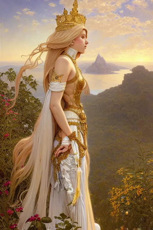 Prompt: portrait of a humanoid princess with long blonde hair, standing next to a beautiful view, ornate white officers outfit with gold embellishments, intricate, elegant, highly detailed, oil painting, illustration, art by artgerm and greg rutkowski and alphonse mucha, 8 k