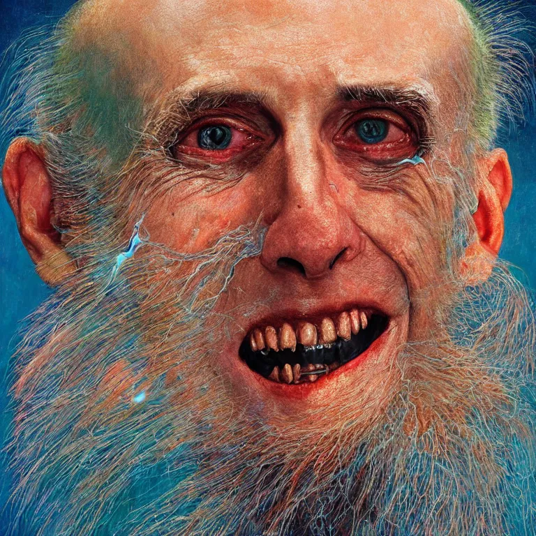 Prompt: Hyperrealistic intensely colored close up studio Photograph portrait of deep sea bioluminescent Senator Rick Scott, symmetrical face realistic proportions eye contact tentacles, Laughing maniacally in a coral reef underwater, award-winning portrait oil painting by Norman Rockwell and Zdzisław Beksiński vivid colors high contrast hyperrealism 8k