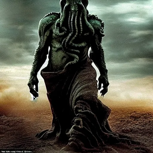 Image similar to cthulhu starring in the movie mad max, impressive scene. grainy and rough. soft colour scheme. cinematic