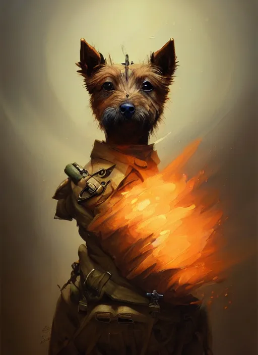 Prompt: norwich terrier as an soldier, backround dark, highly detailed, digital illustration, trending in artstation, modern painting, smooth, sharp focus, intricate, by peter mohrbacher
