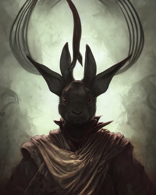 Image similar to Black rabbit monk, centered, portrait, symmetrical, Path of Exile, Diablo, Warhammer, digital painting, highly detailed, concept art, Nekro, Peter Mohrbacher, Alphonse Mucha, Brian Froud, Yoshitaka Amano, Kim Keever, Victo Ngai, James Jean