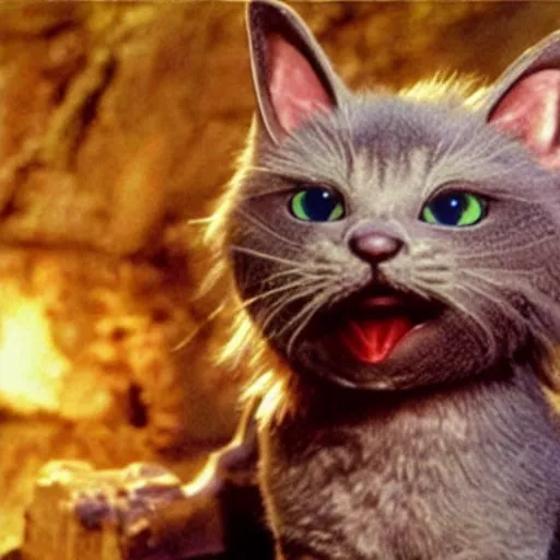 Prompt: a film still of a very cute fantasy cat with beautiful dragon wings in the film lord of the rings