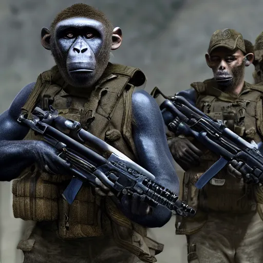 Prompt: monkey navy seals, call of duty, fully armed, 4 k, photorealistic, detailed