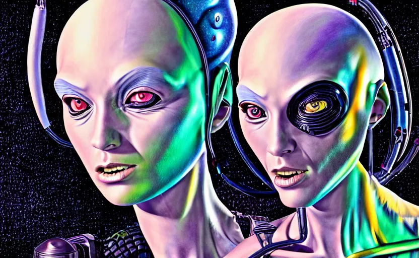 Image similar to An airbrushed mixed media ultra-detailed hyperrealistic full-color fineliner illustration of a female alien detective, comic book art, rotoscoped, combining the styles of Travis Charest, Adam Hughes, Alex Ross and Bill Sienkiewicz, sci-fi, masterpiece, vray render.