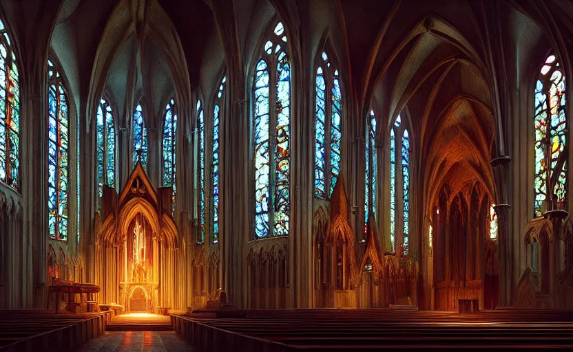 Image similar to Interior shot of a Gothic church by Petros Afshar and Beeple, James Gilleard, Mark Ryden, Wolfgang Lettl highly detailed