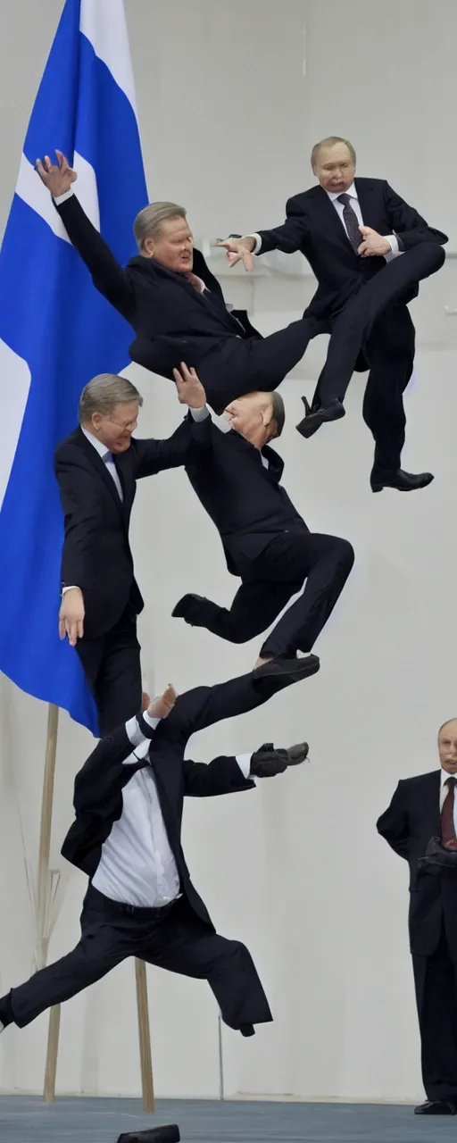 Image similar to the finnish president sauli niinisto doing a superhero landing on top of vladimir putin