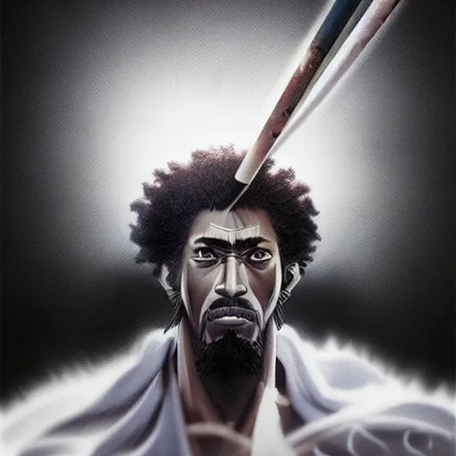 Image similar to creative illustration photo realistic intense lighting afro samurai portrait