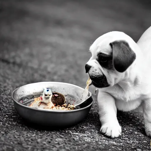 Image similar to photography of a puppie sharing his meal with a small baby cat, animal photography, award winning photography by Leonardo Espina