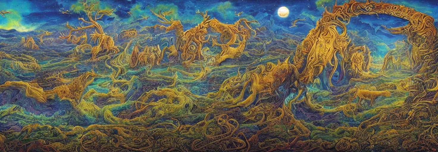 Prompt: a detailed vast mysterious landscape of visionary art and mystical animals at the end of time, painted by robert venosa