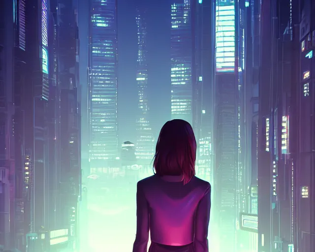 Image similar to a woman standing in front of a city at night, cyberpunk art by ilya kuvshinov, cgsociety, retrofuturism, ilya kuvshinov, artstation hd, artstation hq