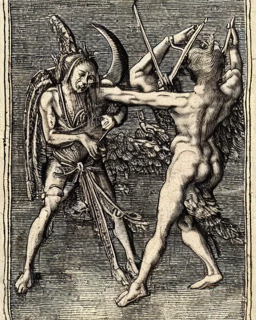 Image similar to devil fights angel, high detail, extremely detailed, very sharp, in the style of theodor de bry,