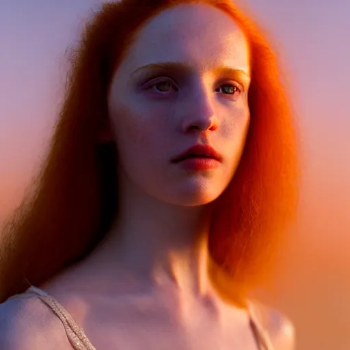 Prompt: photographic portrait of a stunningly beautiful renaissance female in soft dreamy light at sunset, red hair, fre kles, pale skin, contemporary fashion shoot, by edward robert hughes, annie leibovitz and steve mccurry, david lazar, jimmy nelsson, breathtaking, 8 k resolution, extremely detailed, beautiful, establishing shot, artistic, hyperrealistic, beautiful face, octane render