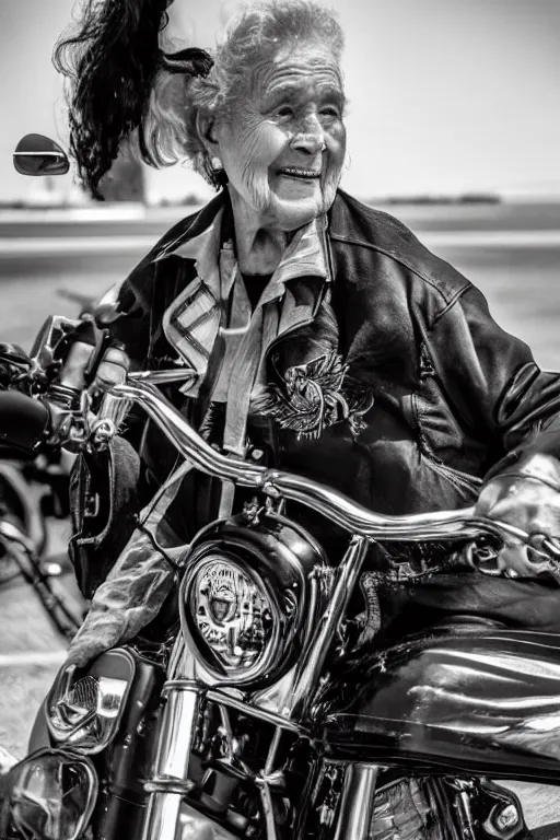 Image similar to a beautiful portrait photo of old grandmother riding on a Harley Davidson bike, cinematic masterpiece