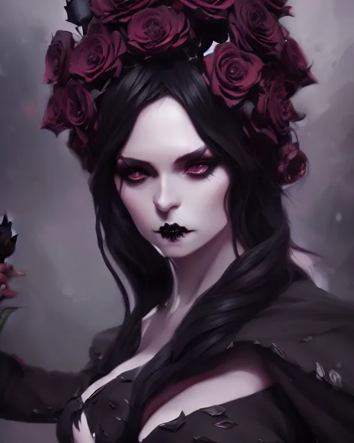 Image similar to beautifully dressed dark sorceress surrounded by black roses horns and skulls, cushart krenz, very detailed, realistic face, detailed face, matte, tonemapping, bbwchan, perfection, 4 k, cushart krenz