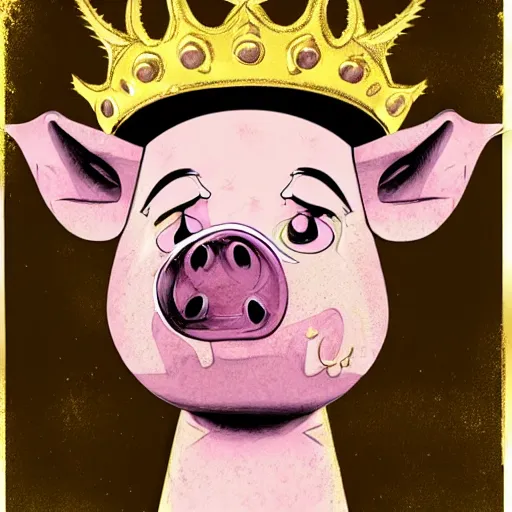 Image similar to grunge cartoon sketch of a pig in a gold crown by beeple , loony toons style, horror themed, detailed, elegant, intricate