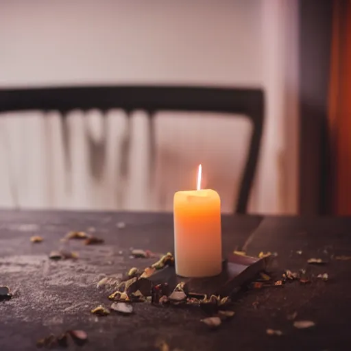 Prompt: dslr, candle that is lit on a table, in a candle holder, in a dark room, eerie glow, extreme quality, real photo, real camera, moody lighting, 8 k