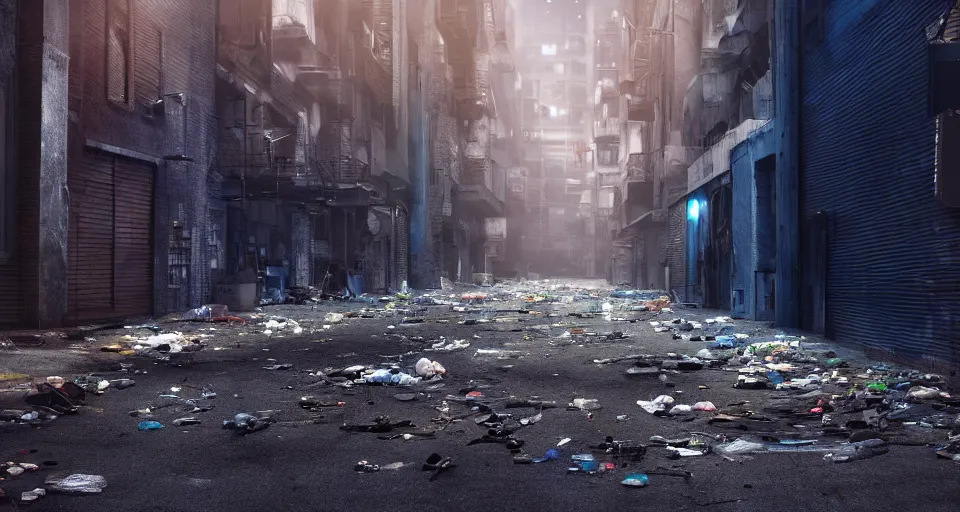 Image similar to a cinematic still frame of a dead end alleyway in a futuristic dystopian city, night time, littered with garbage, cold blue lighting, brutalist architecture, damp, cityscape, vanishing point perspective