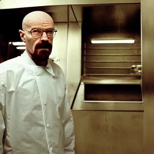 Image similar to Walter white running a pizza restroom