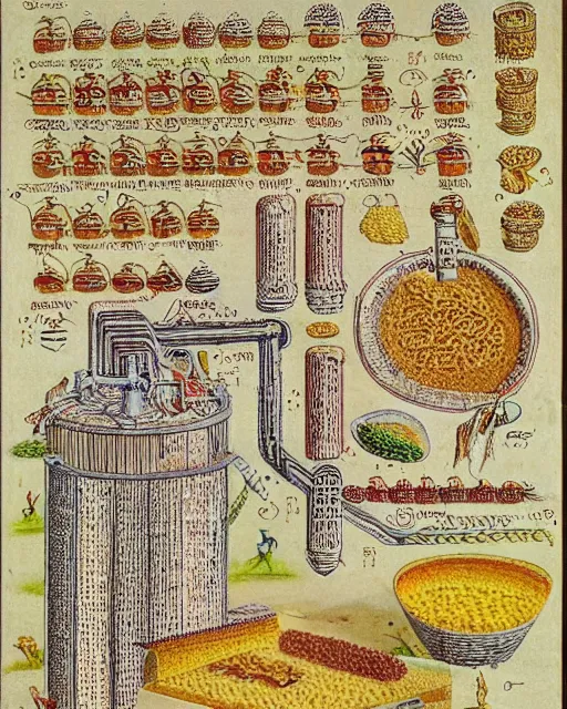 Prompt: page of the ancient codex seraphinianus with an isometric diagram explaining how the cereal factory crams all that graham into golden grahams cereal. highly - detailed infographic.