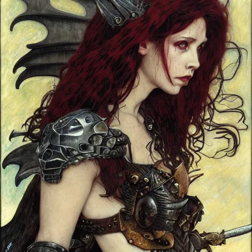 Image similar to head and shoulders portrait of an armored erinyes devil with bat wings, d & d, fantasy, luis royo, magali villeneuve, donato giancola, wlop, krenz cushart, hans zatka, klimt, alphonse mucha