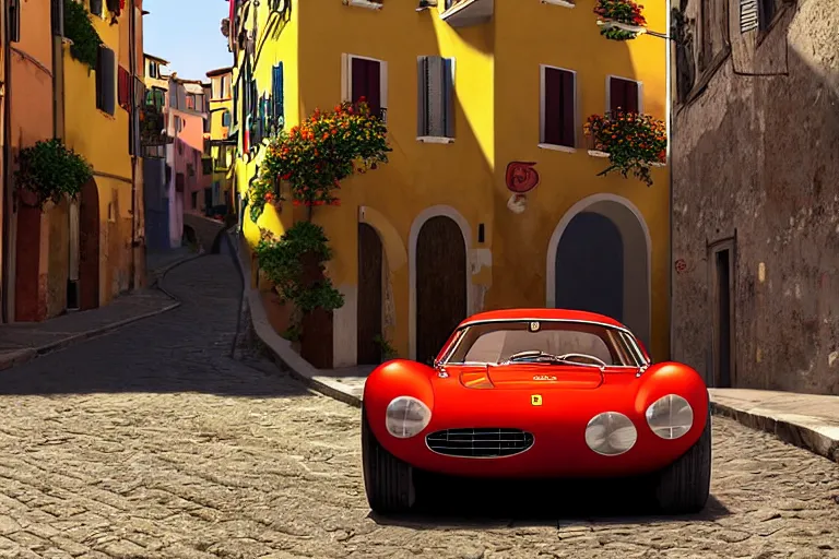 Prompt: a wholesome animation key shot of!! one!! focused!! ferrari 2 5 0 gt!! in beautiful cinque terre italy street, medium shot, studio ghibli, ( pixar ) and disney animation, sharp, very detailed, high resolution, rendered in unreal engine 5, anime key art by greg rutkowski, bloom, dramatic lighting