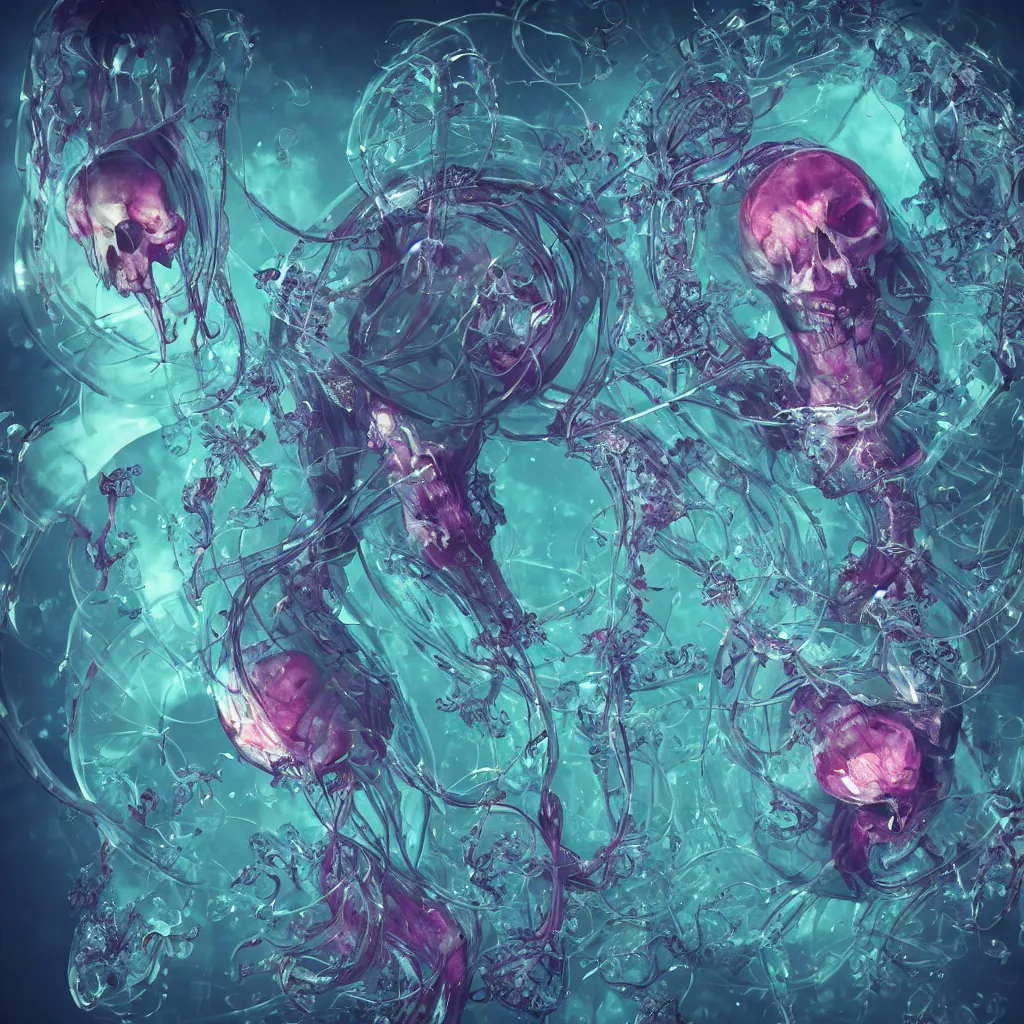 Image similar to close-up portrait goddess skull, thorax, x-ray, backbone, jellyfish phoenix head, nautilus, orchid, betta fish, bioluminiscent creatures, dark deep complex air bubbles in background, intricate artwork by Tooth Wu and wlop and beeple. octane render, trending on artstation, greg rutkowski very coherent symmetrical artwork. cinematic, black and white, contrast, hyper realism, high detail, octane render, 8k