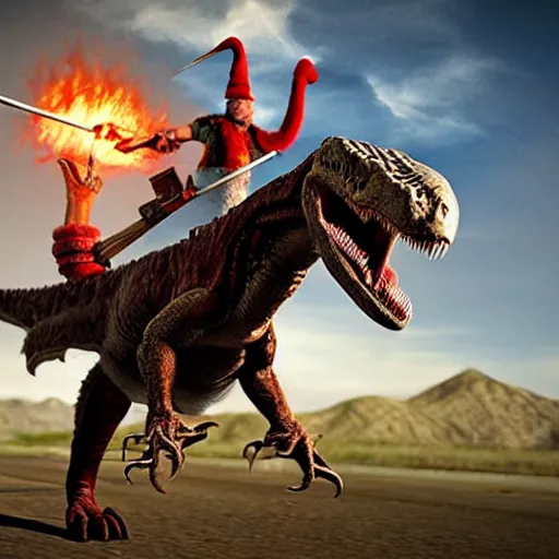 Prompt: morgan freeman riding a velociraptor on a rainbow, wielding a candy cane spear, both wearing a viking hat, unreal engine, realistic, detailed