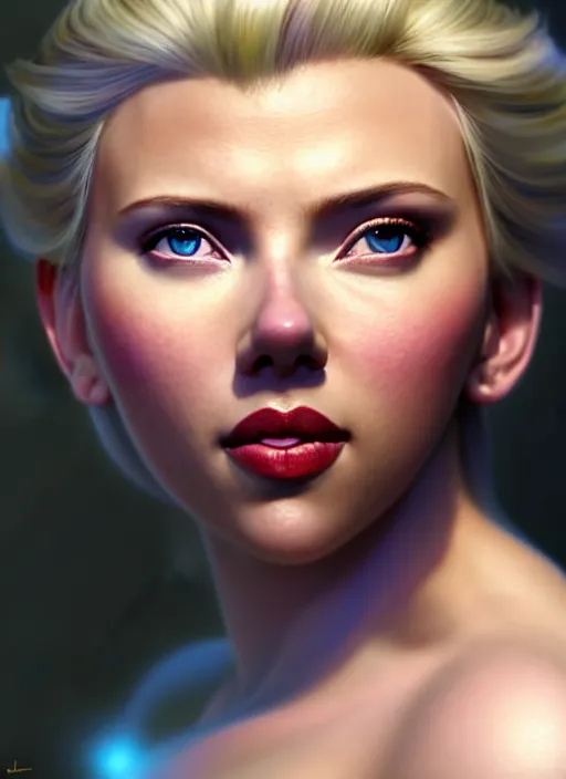 Image similar to scarlett johansson as Elsa from Frozen, au naturel, hyper detailed, digital art, trending in artstation, cinematic lighting, studio quality, smooth render, unreal engine 5 rendered, octane rendered, art style by klimt and nixeu and ian sprigger and wlop and krenz cushart