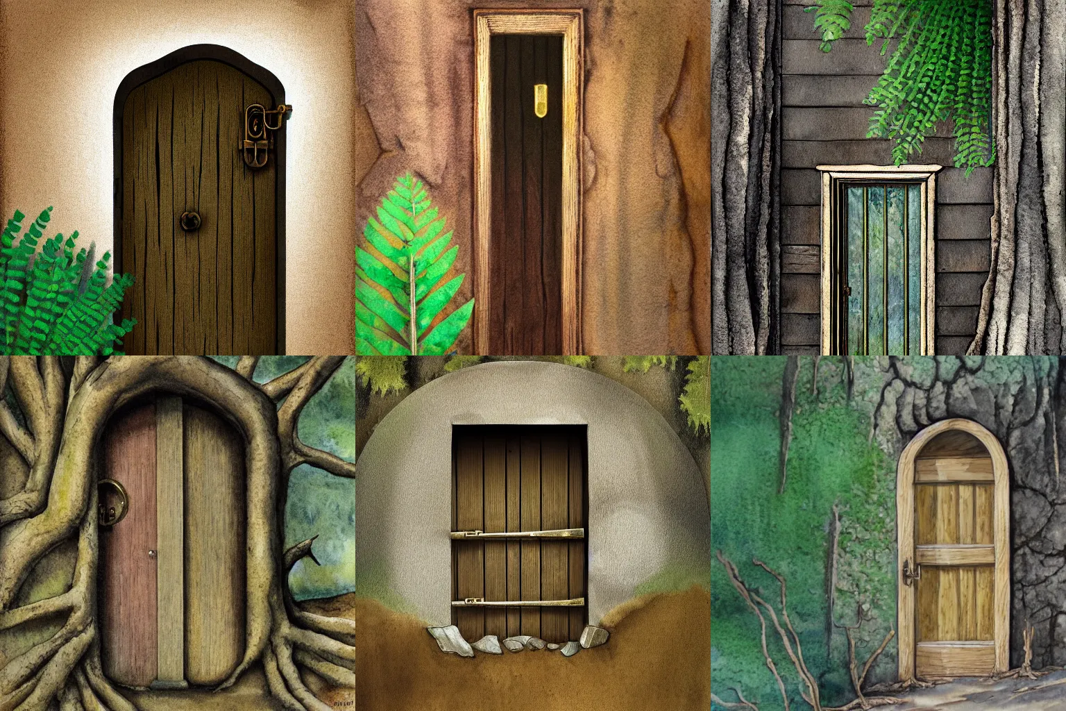 Prompt: closed wooden door with brass knocker of an underground home, trees, rocks, dry ground, sandy, ferns, soft light, james gurney, detailed watercolour, texture, 4k