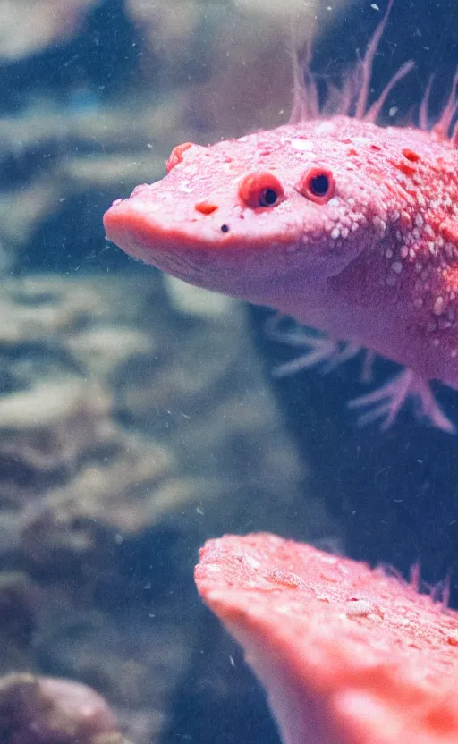 Image similar to Close up of an axolotl in an aquarium, insanely detailed, octane render, cinestill 800t, low light and soft focus