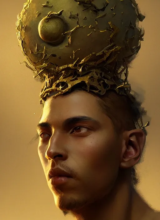 Prompt: a portrait of a golden sage child with an enormously large head, an ancient pale sage child with a third eye, highly detailed, digital painting, artstation, concept art, intricate, elegant, smooth, sharp focus, art by wlop, mars ravelo and greg rutkowski and craig mullins