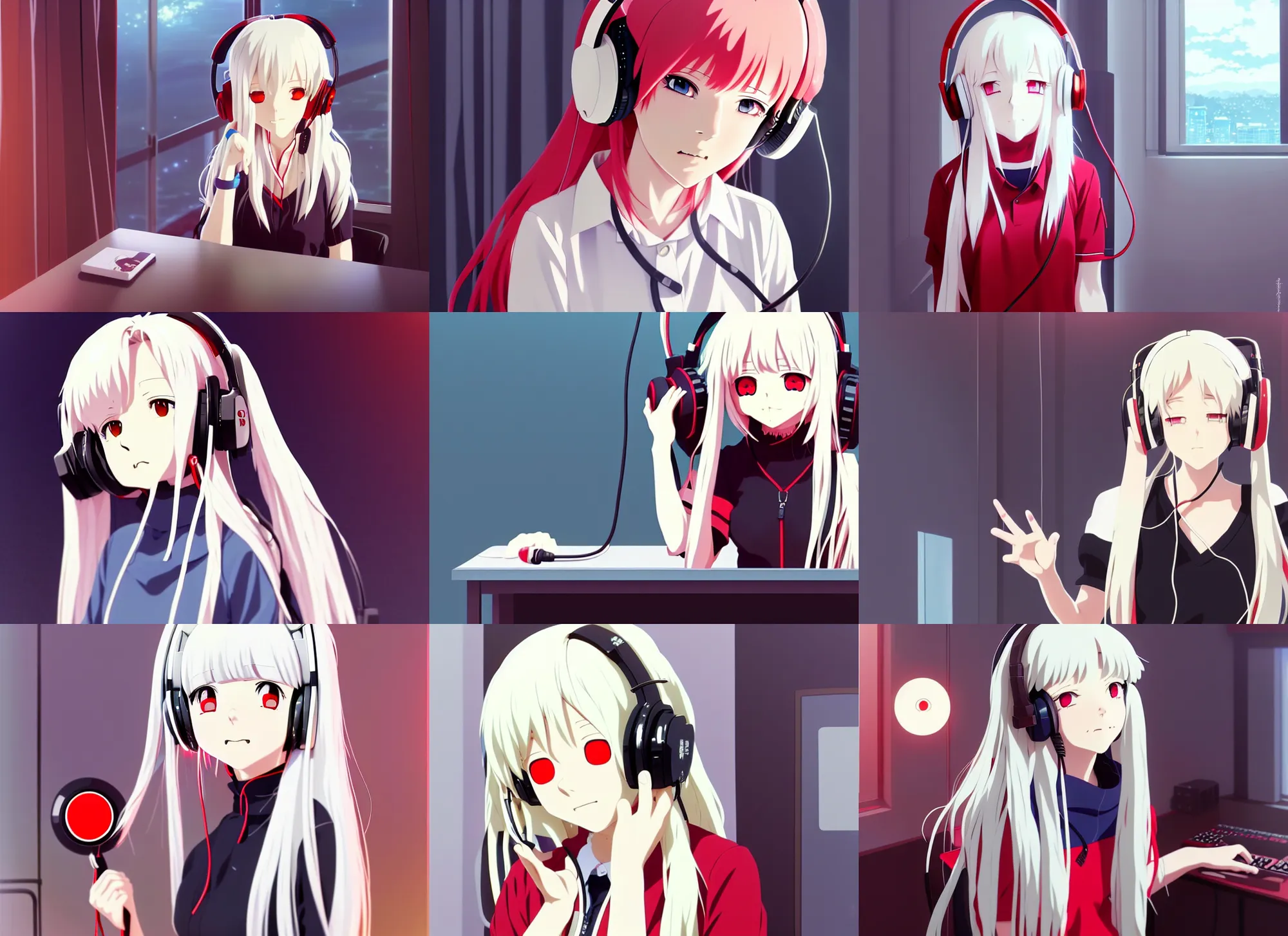 Image similar to anime visual of a cute girl, with red eyes!!!! and long white hair!!!! wearing a headset in her room interior, anime art by ilya kuvshinov, studio ghibli, katsuhiro otomo, flat, high quality, 4 k