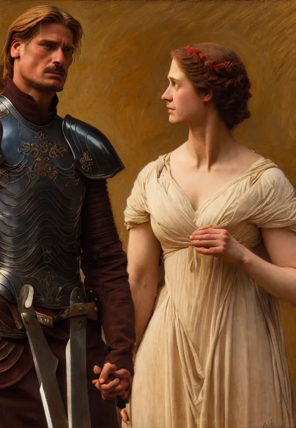 Image similar to attractive handsome fully clothed jaime lannister confesses his love for attractive fully armored brienne of tarth. centered composition. highly detailed painting by gaston bussiere and j. c. leyendecker and william adolphe bouguereau and fra angelico and octane render, musee d'orsay 8 k