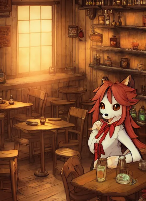 Image similar to anthro coyote fursona barmaid in a cozy tavern, hidari, color page, tankoban, 4K, tone mapping, Akihiko Yoshida.