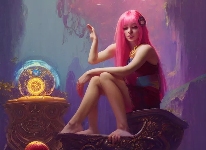 Prompt: wide view picture of a extremely beautiful and aesthetic girl, sitting on the throne, centred position, bright hair, floating greed cubes on the background, lighting eyes, magic circle on the hand, magic and fantasy, highly detailed cute face, specular reflection, occlusion shadow, intricate, masterpiece, by ilya kuvshinov and jeremy lipking and quentin mabille