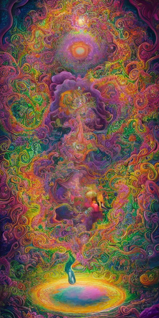 Image similar to a beautiful acrylic painting of deep psychedelia portraying universal consciousness of the infinite by hanna yata, geenss archenti flores, ben ridgway, intricate, elegant, highly detailed, digital painting, artstation, concept art, ambient occlusion, vray render,