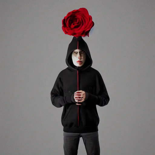 Prompt: wolf like a human, dressed black hoodie, holding red rose in hand, trending on ArtStation, octane render, blender, 8k,