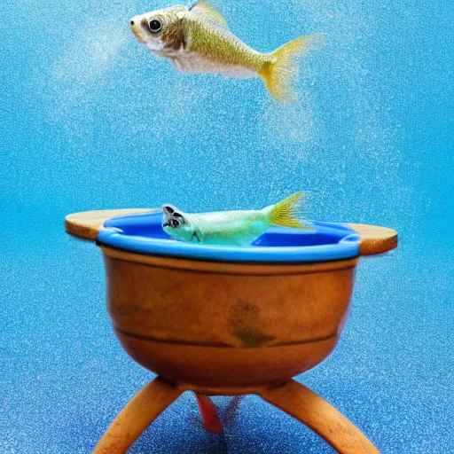 Image similar to there are two round water bowls on a blue table with a blue background. a gold fish is jumping from one bowl to the other one