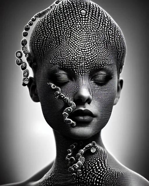 Image similar to surreal mythical dreamy artistic black and white fine art photo of a beautiful young female queen - medusa - cyborg covered with metal fish scales and translucent algae, highly detailed, intricate crystal ivy jelly fish scales ornate, poetic, octane render, 8 k, photo - realistic