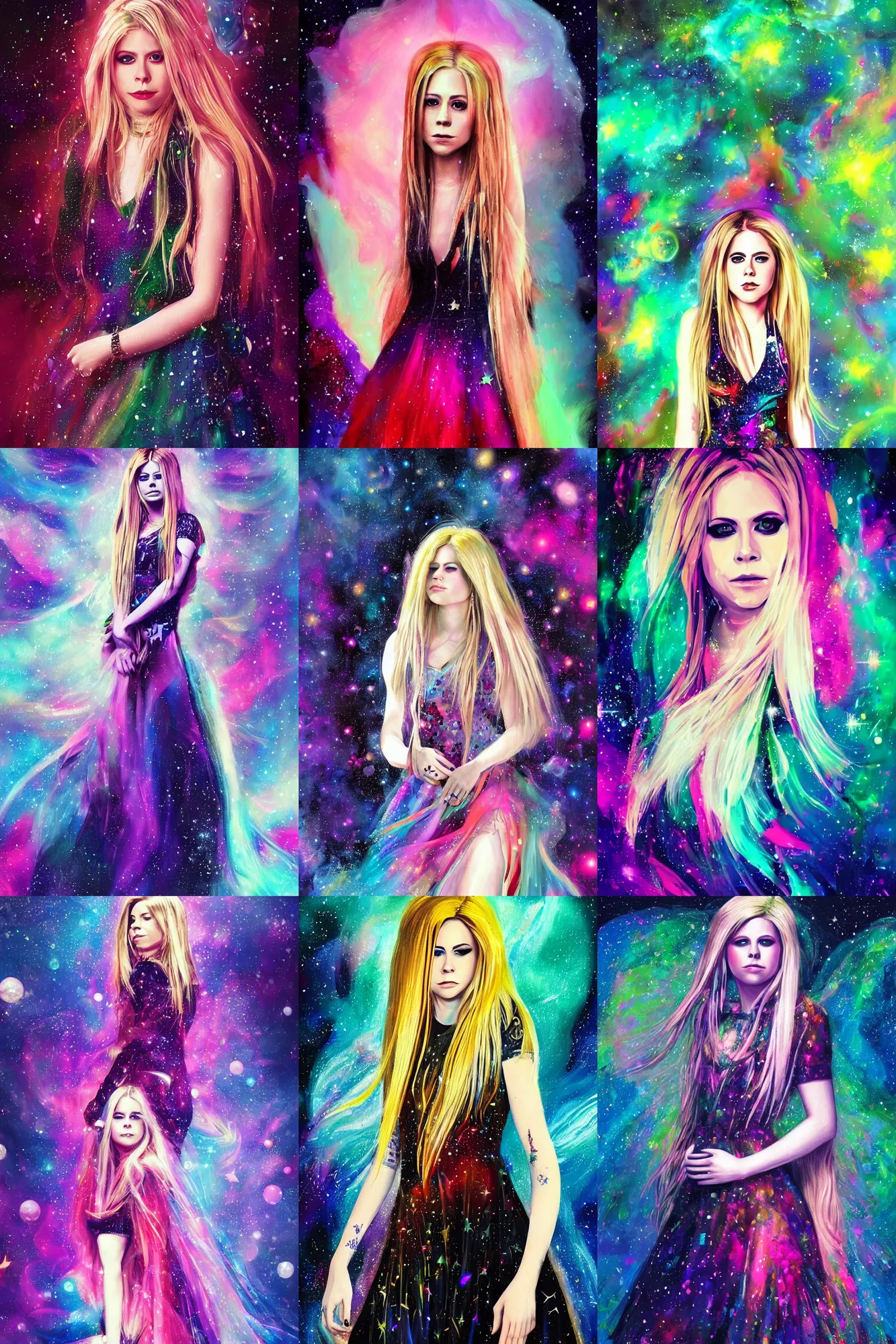 Prompt: masterwork full body portrait of avril lavigne. digital illustration. wearing a dress made out of space fading into a background of stars. fluid, dreamy, ethereal, vivid colours. sharp focus. highly detailed face. wow! cinematic lighting. trending on artstation. cgsociety.