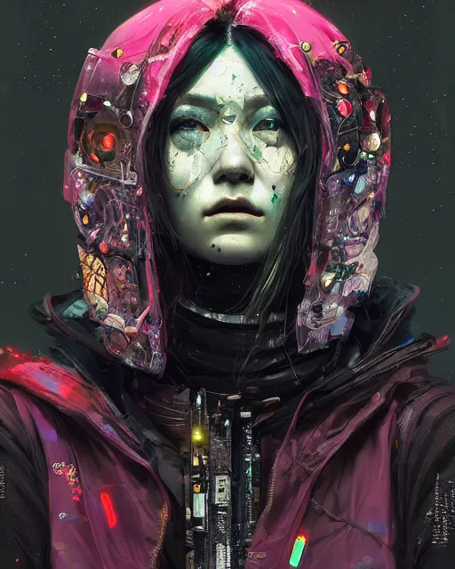 Prompt: detailed portrait witch, cyberpunk futuristic neon, reflective puffy coat, decorated with traditional Japanese ornaments by Ismail inceoglu dragan bibin hans thoma greg rutkowski Alexandros Pyromallis Nekro Rene Maritte Illustrated, Perfect face, fine details, realistic shaded, fine-face, pretty face