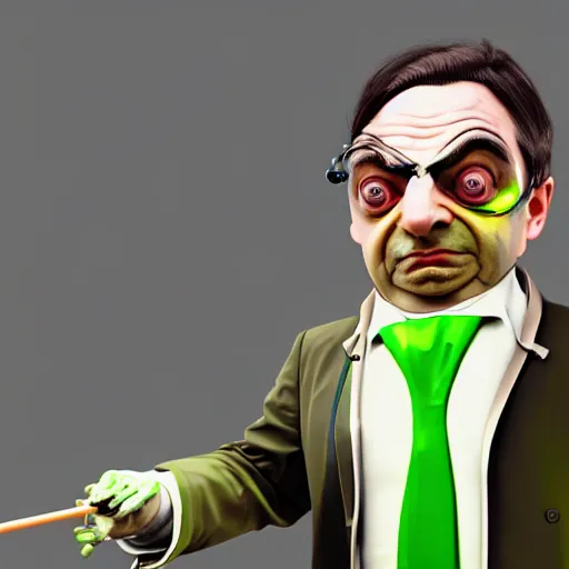 Image similar to mr. bean depicted as a mad scientist, wearing a lab coat, mixing green acids, digital art, trending on artstation and unreal engine