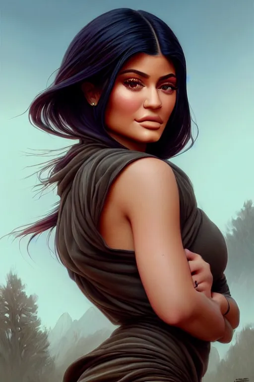 Prompt: clear portrait of kylie jenner, cottagecore!!, background hyper detailed, character concept, full body, dynamic pose, elegant, intricate, highly detailed, digital painting, artstation, concept art, smooth, sharp focus, illustration, art by artgerm and greg rutkowski and alphonse mucha