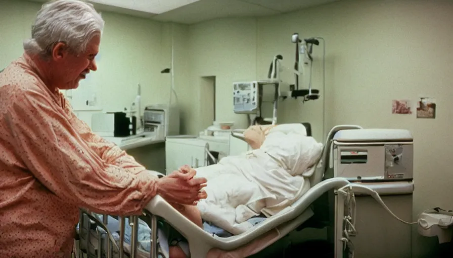 Image similar to 7 0 s movie still of a old man with trypophobia hands in the hospital, cinestill 8 0 0 t 3 5 mm eastmancolor, heavy grain, high quality, high detail