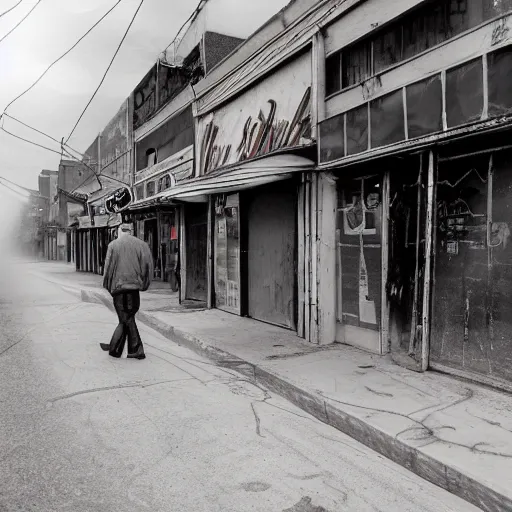 Prompt: thin clouds of colored smoke whip and swirl around a tall, thin man as he walks down the lonely street of abandoned neon - lit storefronts