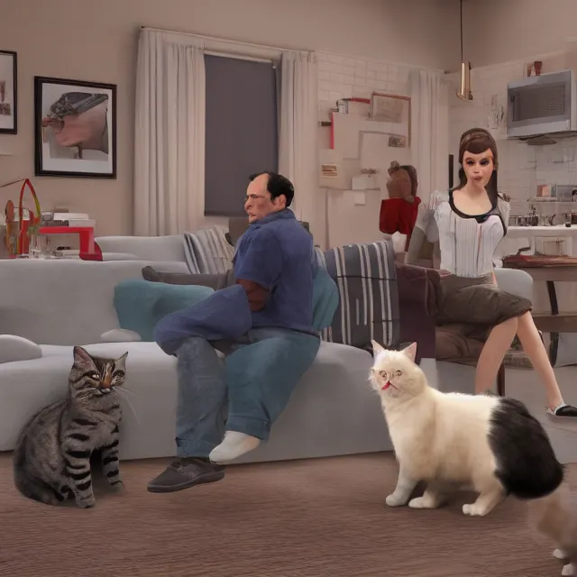 Image similar to american sitcom seinfeld but with cats, volumetric, realistic, cinematic lighting, ray tracing, unreal engine 5, unreal engine render, octane render, hyper realistic, photo, 8 k