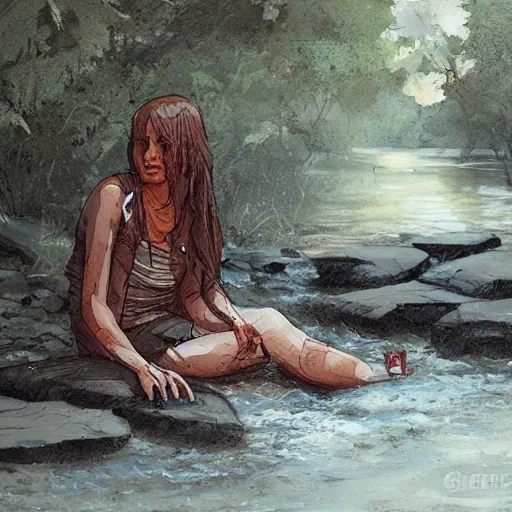 Image similar to clementines from walking dead the last season sitting next to a river by greg rutkowski