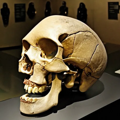 Image similar to An ancient cybernetic human skull in a museum, alien language, science fiction